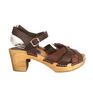 Klägn Swedish Comfort Brown Leather Wooden Platform Heels 9.5/40 READ
